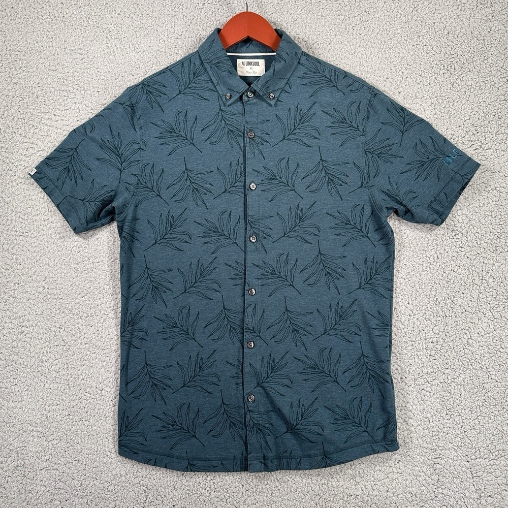 Linksoul Tempus Fugit Mens Button Down Short Sleeve Green Tropical Shirt Size M